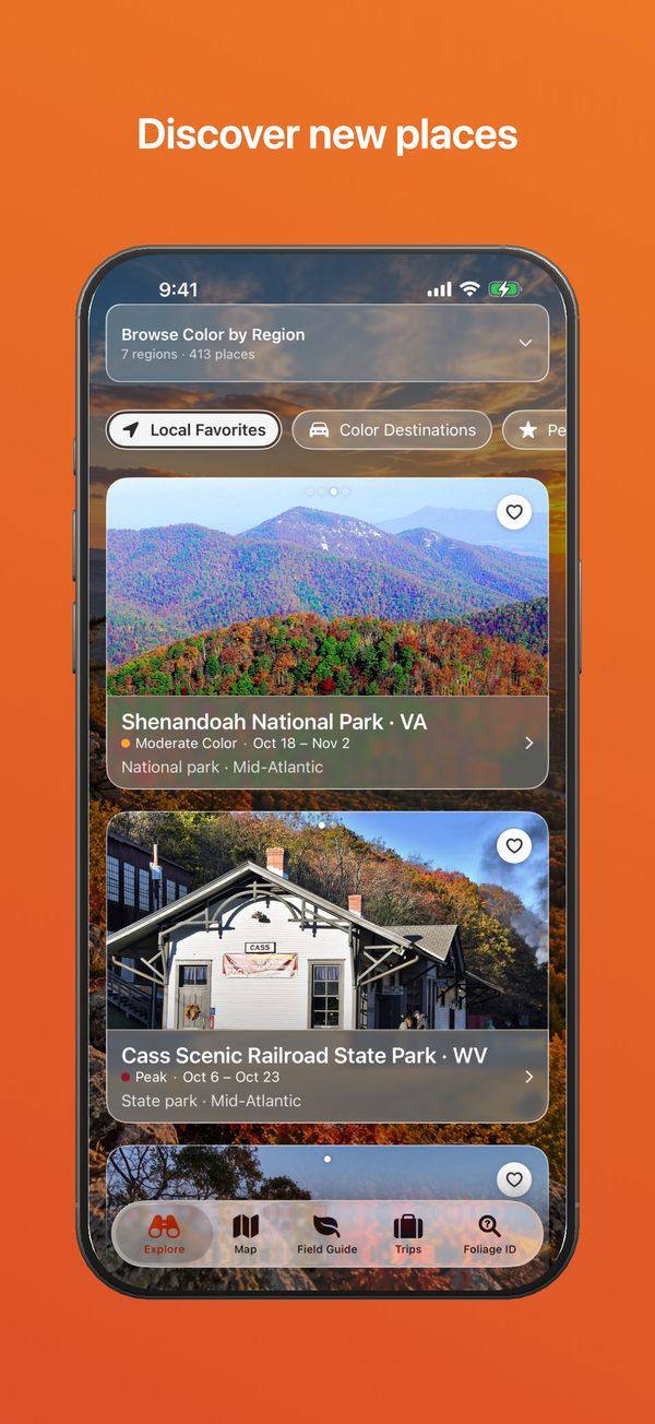 The Fallcast Explore tab: places to browse by region, such as Shenandoah National Park and Cass Scenic Railroad State Park, each shown with its color.