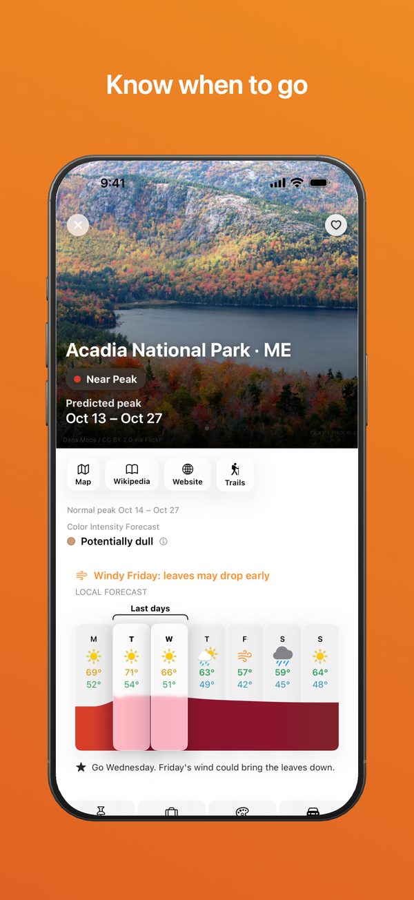 A Fallcast place page for Acadia National Park, with its expected period of peak color and the week's weather.