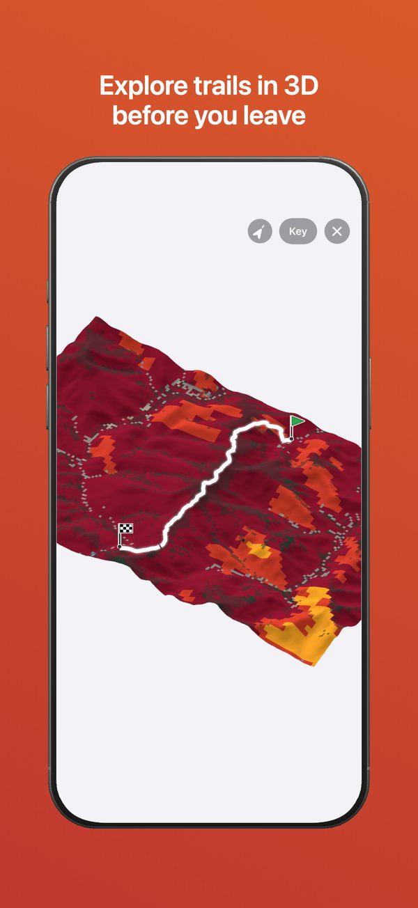 A hiking trail drawn over a 3D map of the terrain, colored by fall color, with its start and finish flags.