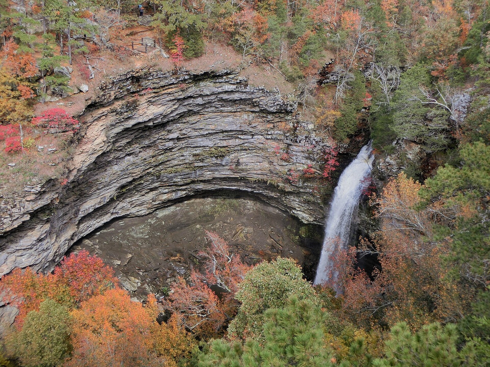 Cedar Falls dropping into a curved sandstone bowl, ringed by red, orange and green trees.