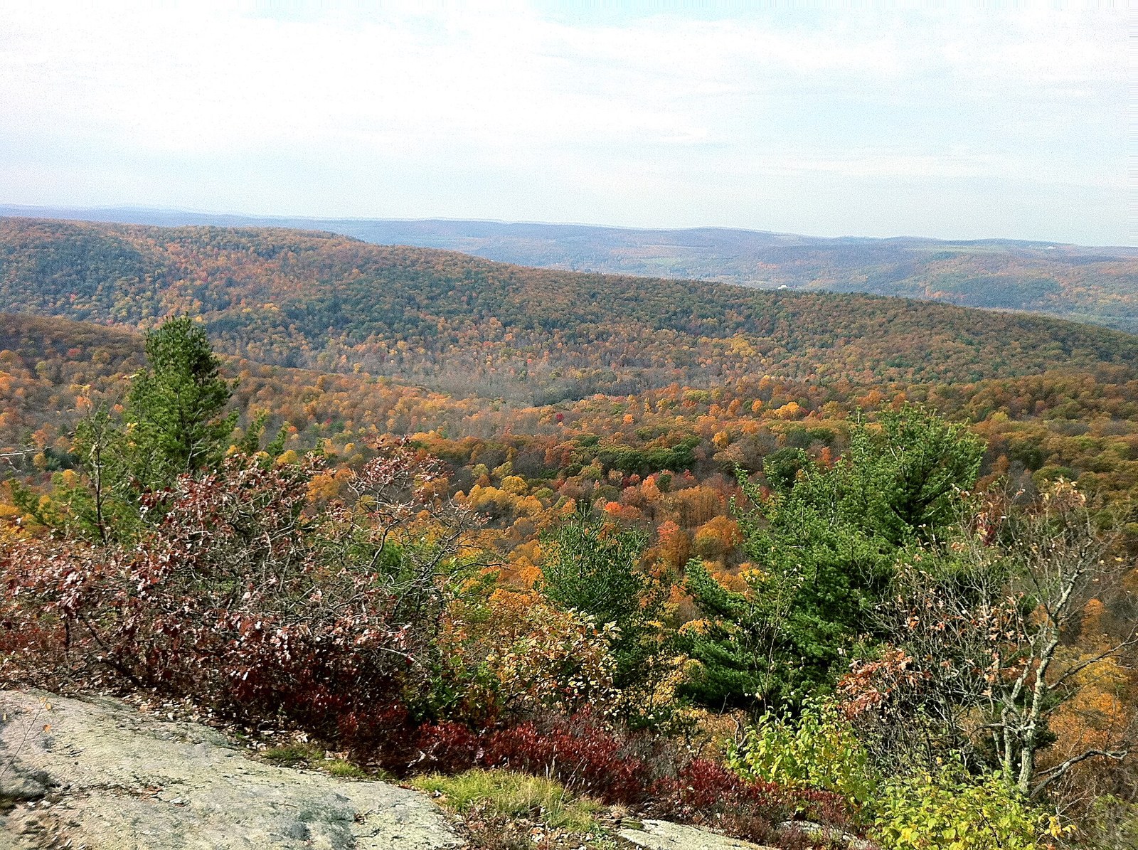 Wooded hills rolling to a blue-gray horizon in orange, gold, red and green, seen from a rock outcrop.