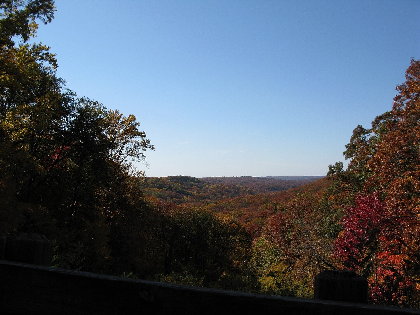 A wide view over forested hills in red, orange and yellow, seen past a railing under a clear blue sky.