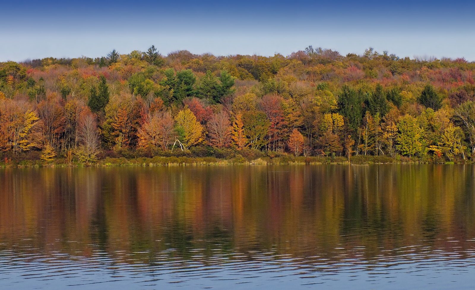 Promised Land Lake with a shoreline of red, orange and gold trees reflected in the water.